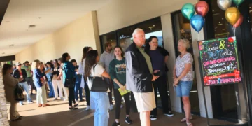 Patrons standing in line for the opening of Barnes & Noble in Naples.