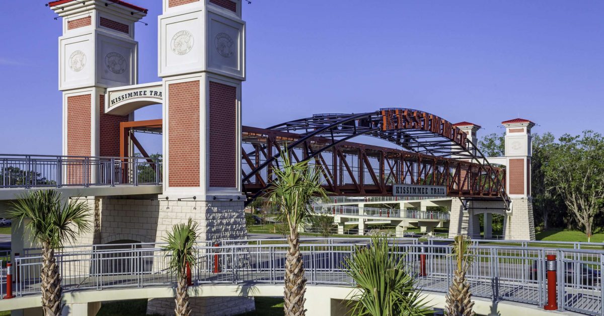 This modern pedestrian crossing above a major local highway is part of Kissimmee's Parks and Recreation trails projects and is also part of Florida's coast to coast public trails system.